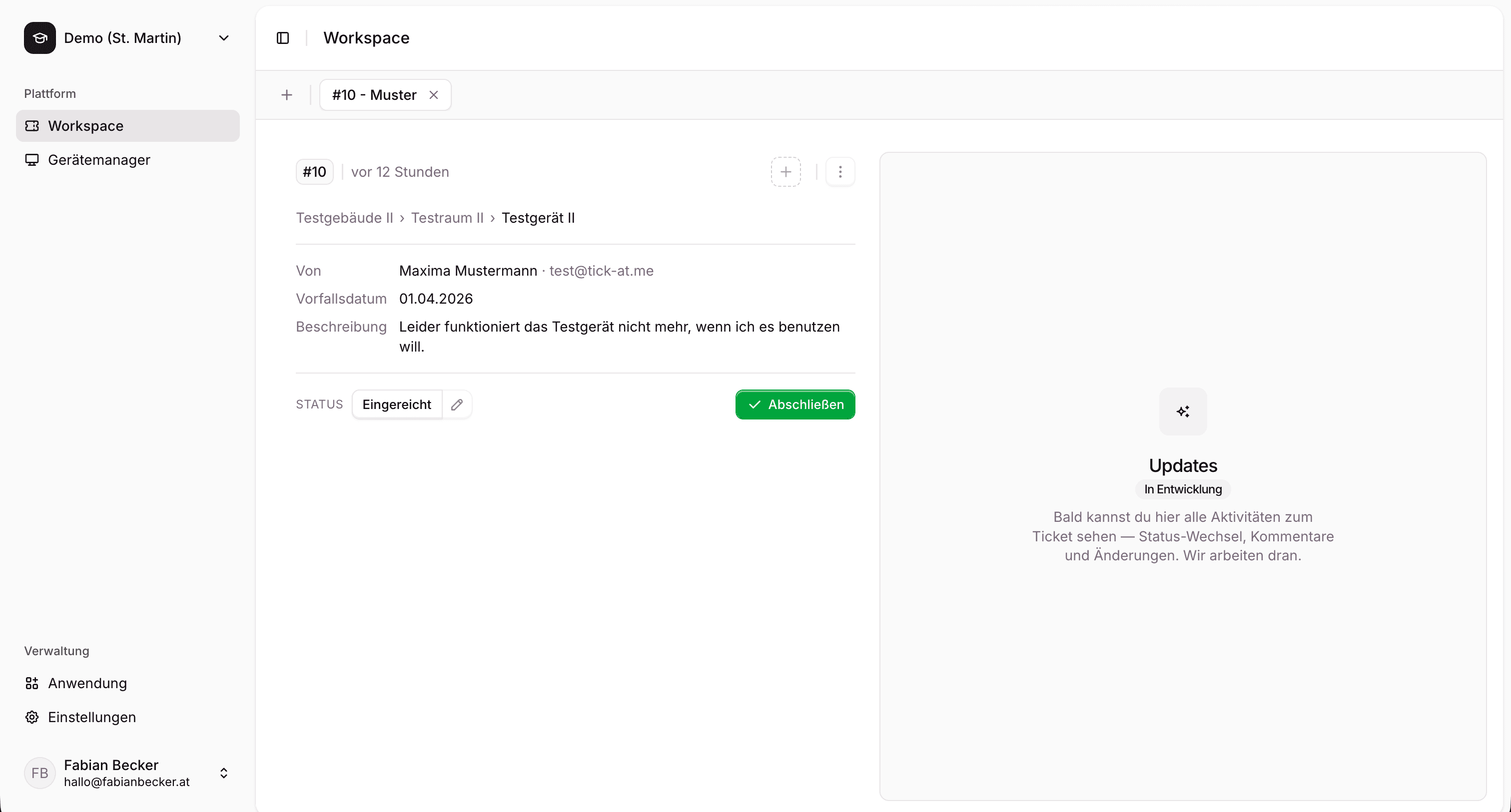 Ticket-Workspace mit Verlauf im Browser
